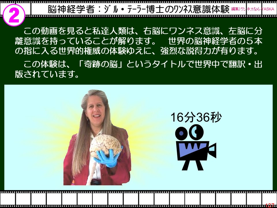この動画を見ると私達人類は、右脳にワンネス意識、左脳に分離意識を持っていることが解ります。世界の脳神経学者の5本の指に入る世界的権威の体験ゆえに、強烈な説得力が有ります。
この体験は、「奇跡の脳」というタイトルで世界中で翻訳・出版されています。