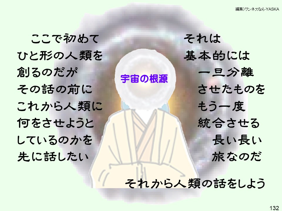 宇宙の根源:ここで初めてひと形の人類を創るのだがその話の前にこれから人類に何をさせようとしているのかを先に話したい
それは基本的には一旦分離させたものをもう一度統合させる長い長い旅なのだ
それから人類の話をしよう