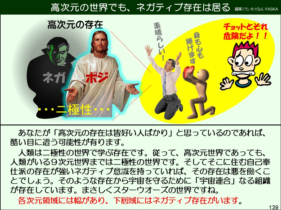 あなたが「高次元の存在は皆好い人ばかり」と思っているのであれば、 酷い目に遭う可能性が有ります。
人類は二極性の世界で学ぶ存在です。従って、高次元世界であっても、 人類がいる9次元世界までは二極性の世界です。そしてそこに住む自己奉仕派の存在が強いネガティブ意識を持っていれば、その存在は悪を働くことでしょう。そのような存在から宇宙を守るために「宇宙連合」なる組織が存在しています。まさしくスターウオーズの世界ですね。
各次元領域には幅があり、下層域にはネガティブ存在がいます。