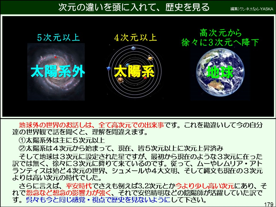 地球外の世界のお話しは、全て高次元での出来事です。これを勘違いして今の自分
達の世界観で話を聞くと、理解を間違えます。
①太陽系外は主に5次元以上
②太陽系は4次元から始まって、現在、皆5次元以上に次元上昇済み
そして地球は3次元に設定された星ですが、最初から現在のような3次元に在った訳では無く、徐々に3次元に降りて来ているのです。従って、ムーやレムリア・アトランティスは殆ど4次元の世界、シュメールや4大文明、そして縄文も現在の3次元よりは高い次元の時代でした。
さらに言えば、平安時代でさえも例えば3.2次元とか今より少し高い次元にあり、それで怨念など想念の影響力が強く、それで安倍晴明などの陰陽師が活躍していた訳です。呉々も今と同じ感覚・視点で歴史を見ないようにして下さい。