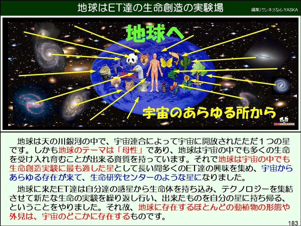 地球は天の川銀河の中で、宇宙連合によって宇宙に開放されたただ1つの星です。しかも地球のテーマは「母性」であり、地球は宇宙の中でも多くの生命を受け入れ育むことが出来る資質を持っています。それで地球は宇宙の中でも生命創造実験に最も適した星として長い間多くのET達の興味を集め、宇宙からあらゆる存在が来て、生命研究センターのような星になりました。
地球に来たET達は自分達の惑星から生命体を持ち込み、テクノロジーを集結させて新たな生命の実験を繰り返し行い、出来たものを自分の星に持ち帰る、 ということをやりました。それ故、地球に存在するほとんどの動植物の形態や外見は、宇宙のどこかに存在するものです。