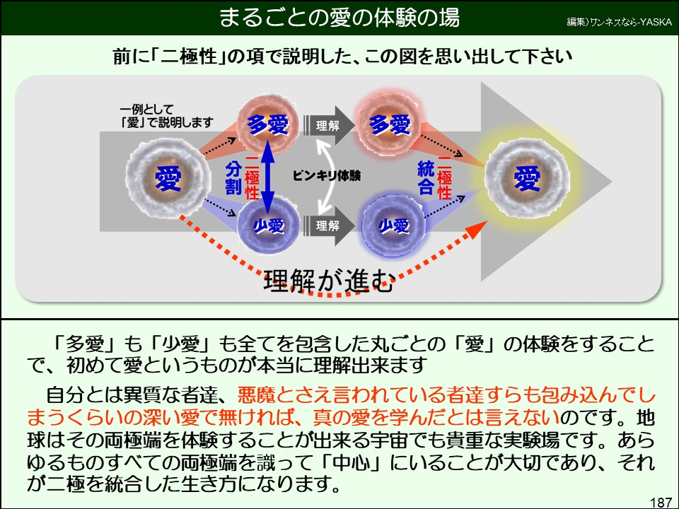 「多愛」も「少愛」も全てを包含した丸ごとの「愛」の体験をすることで、初めて愛というものが本当に理解出来ます
自分とは異質な者達、悪魔とさえ言われている者達すらも包み込んでしまうくらいの深い愛で無ければ、真の愛を学んだとは言えないのです。地球はその両極端を体験することが出来る宇宙でも貴重な実験場です。あらゆるものすべての両極端を識って「中心」にいることが大切であり、それが二極を統合した生き方になります。
