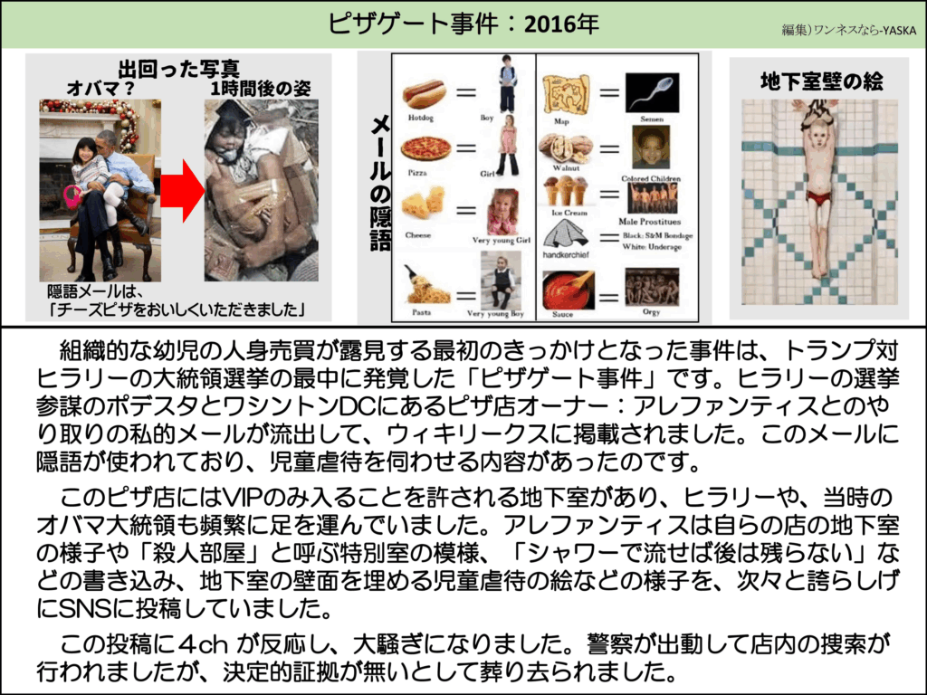 組織的な幼児の人身売買が露見する最初のきっかけとなった事件は、トランプ対ヒラリーの大統領選挙の最中に発覚した「ピザゲート事件」です。ヒラリーの選挙参謀のポデスタとワシントンDCにあるピザ店オーナー：アレファンティスとのやり取りの私的メールが流出して、ウィキリークスに掲載されました。このメールに隠語が使われており、児童虐待を伺わせる内容があったのです。

このピザ店にはVIPのみ入ることを許される地下室があり、ヒラリーや、当時のオバマ大統領も頻繁に足を運んでいました。アレファンティスは自らの店の地下室の様子や「殺人部屋」と呼ぶ特別室の模様、「シャワーで流せば後は残らない」などの書き込み、地下室の壁面を埋める児童虐待の絵などの様子を、次々と誇らしげにSNSに投稿していました。

この投稿に4ch が反応し、大騒ぎになりました。警察が出動して店内の捜索が行われましたが、決定的証拠が無いとして葬り去られました。