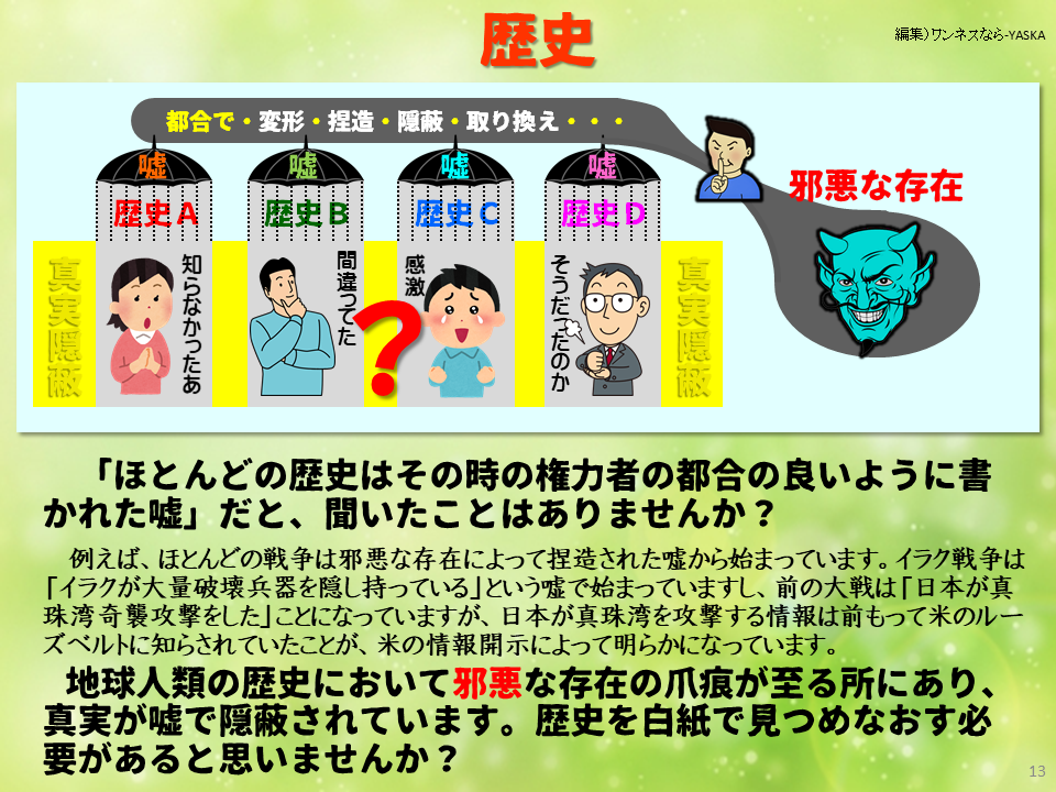 「ほとんどの歴史はその時の権力者の都合の良いように書かれた嘘」だと、聞いたことはありませんか？

例えば、ほとんどの戦争は邪悪な存在によって捏造された嘘から始まっています。イラク戦争は 「イラクが大量破壊兵器を隠し持っている」という嘘で始まっていますし、前の大戦は「日本が真珠湾奇襲攻撃をした」ことになっていますが、日本が真珠湾を攻撃する情報は前もって米のルーズベルトに知らされていたことが、米の情報開示によって明らかになっています。

地球人類の歴史において邪悪な存在の爪痕が至る所にあり、 真実が嘘で隠蔽されています。歴史を白紙で見つめなおす必要があると思いませんか？
