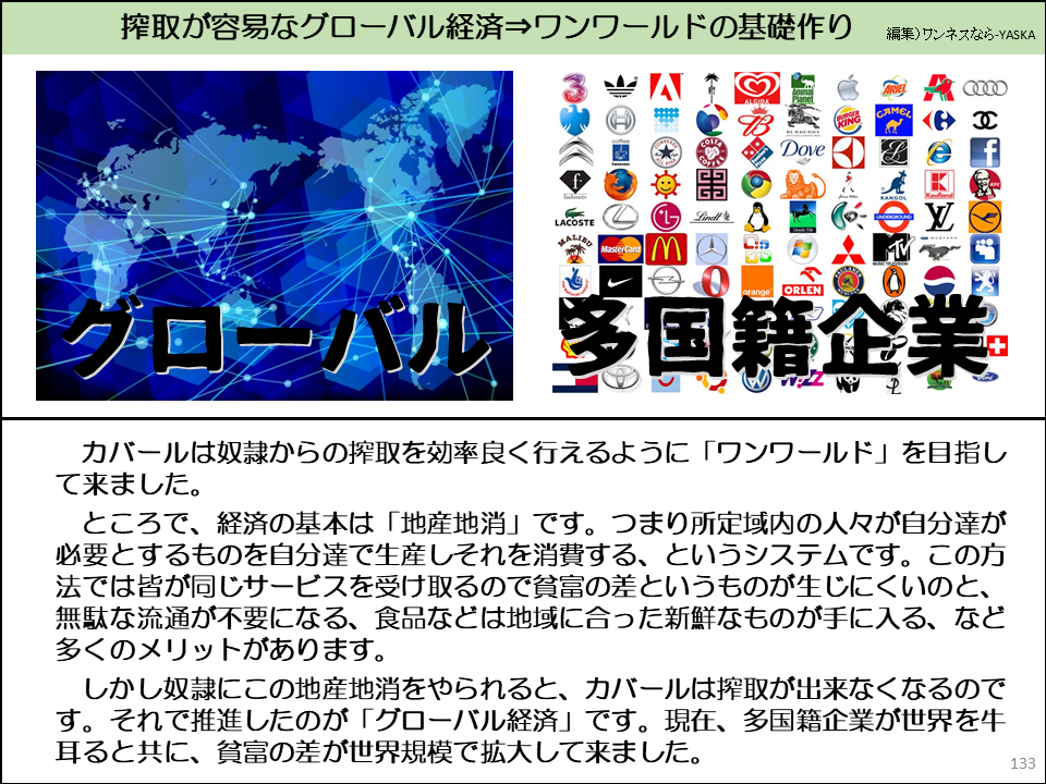 カバールは奴隷からの搾取を効率良く行えるように「ワンワールド」を目指して来ました。

ところで、経済の基本は「地産地消」です。つまり所定域内の人々が自分達が必要とするものを自分達で生産しそれを消費する、というシステムです。この方法では皆が同じサービスを受け取るので貧富の差というものが生じにくいのと、 無駄な流通が不要になる、食品などは地域に合った新鮮なものが手に入る、など多くのメリットがあります。

しかし奴隷にこの地産地消をやられると、カバールは搾取が出来なくなるのです。それで推進したのが「グローバル経済」です。現在、多国籍企業が世界を牛耳ると共に、貧富の差が世界規模で拡大して来ました。
