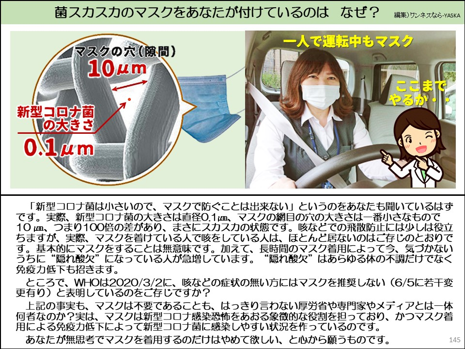 「新型コロナ菌は小さいので、マスクで防ぐことは出来ない」というのをあなたも聞いているはずです。実際、新型コロナ菌の大きさは直径0.1μm、マスクの網目の穴の大きさは一番小さなもので10μm、つまり100倍の差があり、まさにスカスカの状態です。咳などでの飛散防止には少しは役立ちますが、実際、マスクを着けている人で咳をしている人は、ほとんど居ないのはご存じのとおりです。基本的にマスクをすることは無意味です。加えて、長時間のマスク着用によって今、気づかないうちに“隠れ酸欠”になっている人が急増しています。“隠れ酸欠”はあらゆる体の不調だけでなく免疫力低下も招きます。

ところで、WHOは2020/3/2に、咳などの症状の無い方にはマスクを推奨しない（6/5に若干変更有り）と表明しているのをご存じですか？

上記の事実も、マスクは不要であることも、はっきり言わない厚労省や専門家やメディアとは一体何者なのか？ 実は、マスクは新型コロナ感染恐怖をあおる象徴的な役割を担っており、かつマスク着用による免疫力低下によって新型コロナ菌に感染しやすい状況を作っているのです。

あなたが無思考でマスクを着用するのだけはやめて欲しい、と心から願うものです。