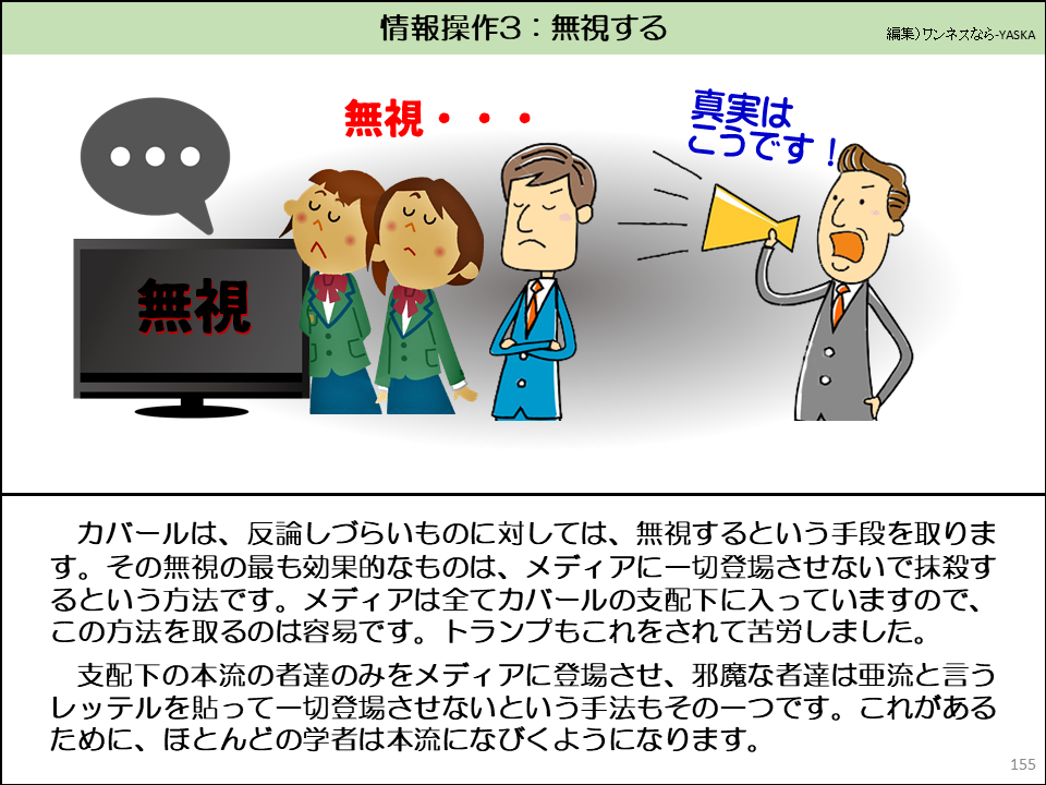 カバールは、反論しづらいものに対しては、無視するという手段を取ります。その無視の最も効果的なものは、メディアに一切登場させないで抹殺するという方法です。メディアは全てカバールの支配下に入っていますので、 この方法を取るのは容易です。トランプもこれをされて苦労しました。

支配下の本流の者達のみをメディアに登場させ、邪魔な者達は亜流と言うレッテルを貼って一切登場させないという手法もその一つです。これがあるために、ほとんどの学者は本流になびくようになります。