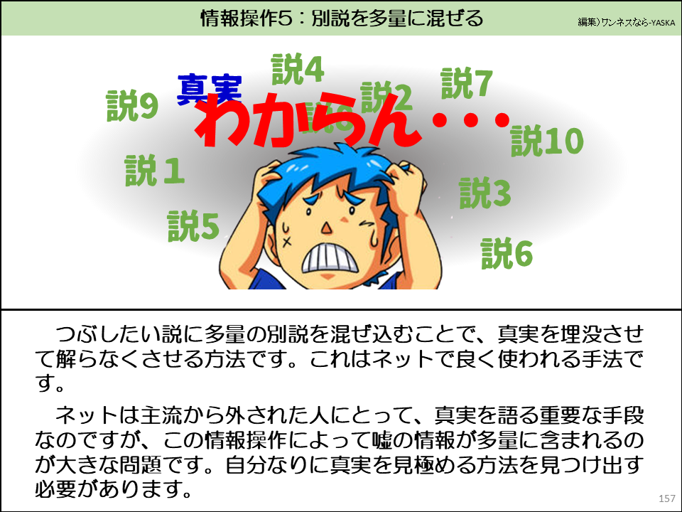 つぶしたい説に多量の別説を混ぜ込むことで、真実を埋没させて解らなくさせる方法です。これはネットで良く使われる手法です。

ネットは主流から外された人にとって、真実を語る重要な手段なのですが、この情報操作によって嘘の情報が多量に含まれるのが大きな問題です。自分なりに真実を見極める方法を見つけ出す必要があります。