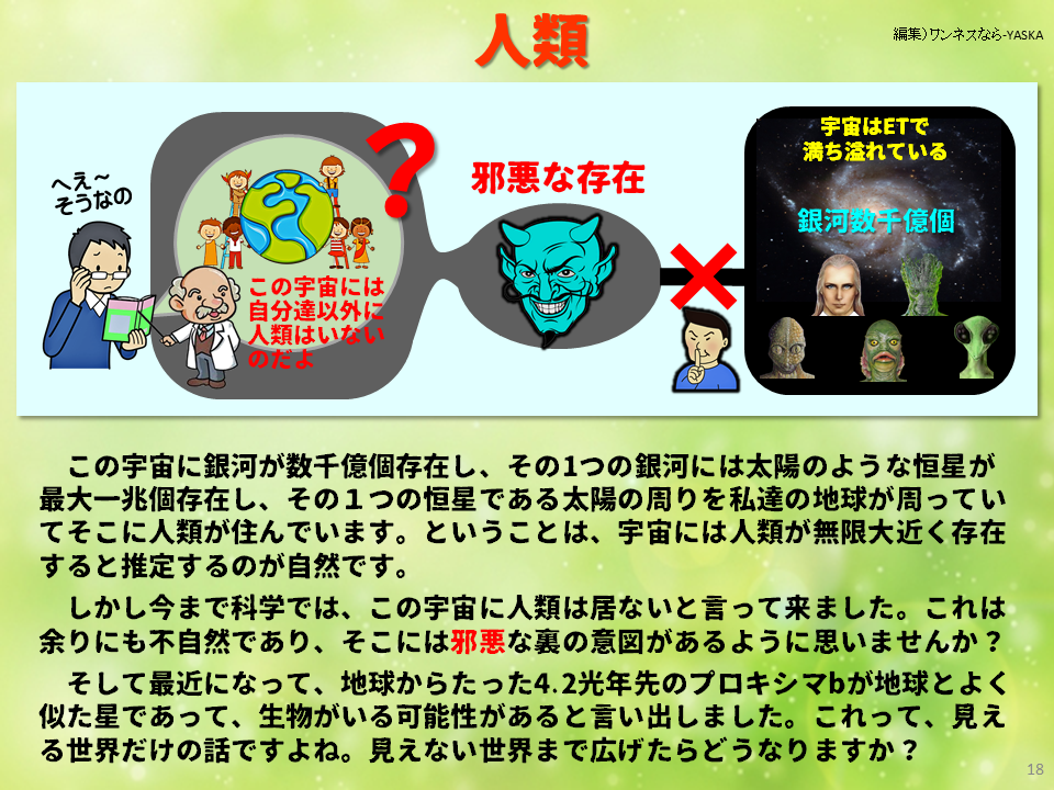 この宇宙に銀河が数千億個存在し、その1つの銀河には太陽のような恒星が最大一兆個存在し、その1つの恒星である太陽の周りを私達の地球が周っていてそこに人類が住んでいます。ということは、宇宙には人類が無限大近く存在すると推定するのが自然です。

しかし今まで科学では、この宇宙に人類は居ないと言って来ました。これは余りにも不自然であり、そこには邪悪な裏の意図があるように思いませんか？

そして最近になって、地球からたった4.2光年先のプロキシマbが地球とよく似た星であって、生物がいる可能性があると言い出しました。これって、見える世界だけの話ですよね。見えない世界まで広げたらどうなりますか？