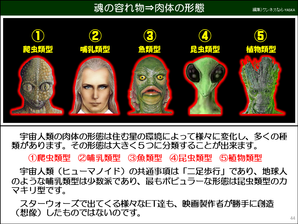 宇宙人類の肉体の形態は住む星の環境によって様々に変化し、多くの種類があります。その形態は大きく5つに分類することが出来ます。

①爬虫類型　②哺乳類型　③魚類型　④昆虫の種類　⑤植物の種類

宇宙人類（ヒューマノイド）の共通事項は「二足歩行」であり、地球人のような哺乳類型は少数派であり、最もポピュラーな形態は昆虫類型の力マキリ型です。

スターウォーズで出てくる様々なET達も、映画製作者が勝手に創造（想像）したものではないのです。