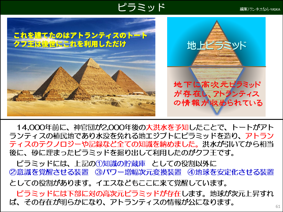 14,000年前に、神官団が2,000年後の大洪水を予知したことで、トートがアトランティスの植民地であり水没を免れる地エジプトにピラミッドを造り、アトランティスのテクノロジーや記録など全ての知識を納めました。洪水が引いてから相当後に、砂に埋まったピラミッドを掘り出して利用したのがクフ王です。

ピラミッドには、上記の①知識の貯蔵庫 としての役割以外に ②意識を覚醒させる装置 ③パワー増幅次元変換装置 ④地球を安定化させる装置 としての役割があります。イエスなどもここに来て覚醒しています。

ピラミッドには下部に対の高次元ピラミッドが存在します。地球が次元上昇すれば、その存在が明らかになり、アトランティスの情報が公になります。