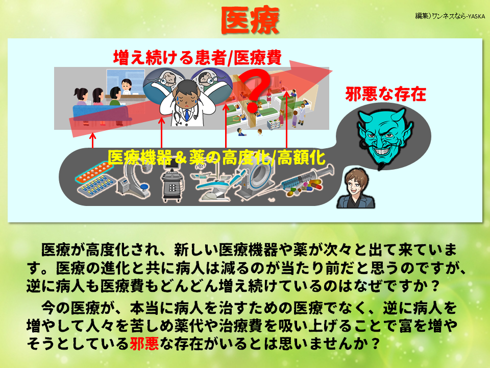 医療が高度化され、新しい医療機器や薬が次々と出て来ています。医療の進化と共に病人は減るのが当たり前だと思うのですが、 逆に病人も医療費もどんどん増え続けているのはなぜですか？

今の医療が、本当に病人を治すための医療でなく、逆に病人を増やして人々を苦しめ薬代や治療費を吸い上げることで富を増やそうとしている邪悪な存在がいるとは思いませんか？