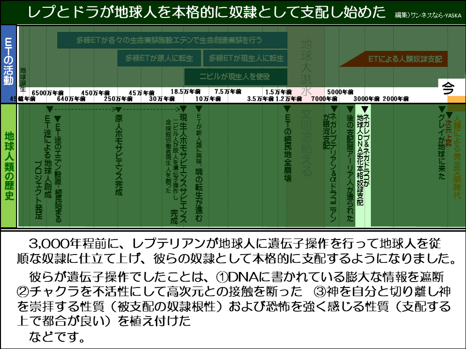 3,000年程前に、レプテリアンが地球人に遺伝子操作を行って地球人を従順な奴隷に仕立て上げ、彼らの奴隷として本格的に支配するようになりました。

彼らが遺伝子操作でしたことは、①DNAに書かれている膨大な情報を遮断 ②チャクラを不活性にして高次元との接触を断った ③神を自分と切り離し神を崇拝する性質（被支配の奴隷根性）および恐怖を強く感じる性質（支配する上で都合が良い）を植え付けたなどです。