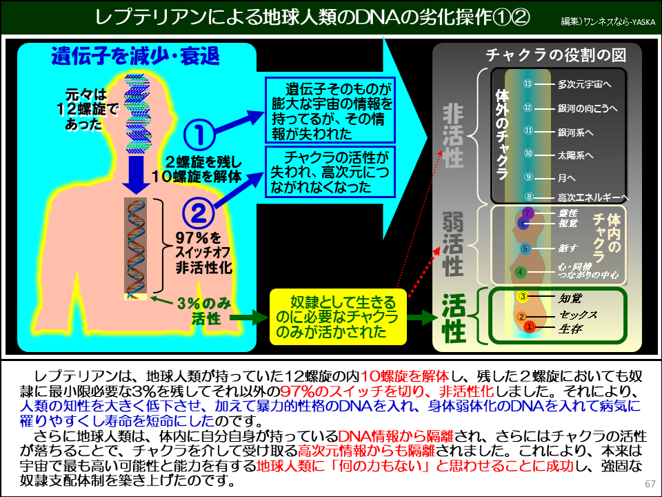 レプテリアンは、地球人類が持っていた12螺旋の内10螺旋を解体し、残した2螺旋においても奴隷に最小限必要な3%を残してそれ以外の97%のスイッチを切り、非活性化しました。それにより、 人類の知性を大きく低下させ、加えて暴力的性格のDNAを入れ、身体弱体化のDNAを入れて病気に罹りやすくし寿命を短命にしたのです。

さらに地球人類は、体内に自分自身が持っているDNA情報から隔離され、さらにはチャクラの活性が落ちることで、チャクラを介して受け取る高次元情報からも隔離されました。これにより、本来は宇宙で最も高い可能性と能力を有する地球人類に「何の力もない」と思わせることに成功し、強固な奴隷支配体制を築き上げたのです。