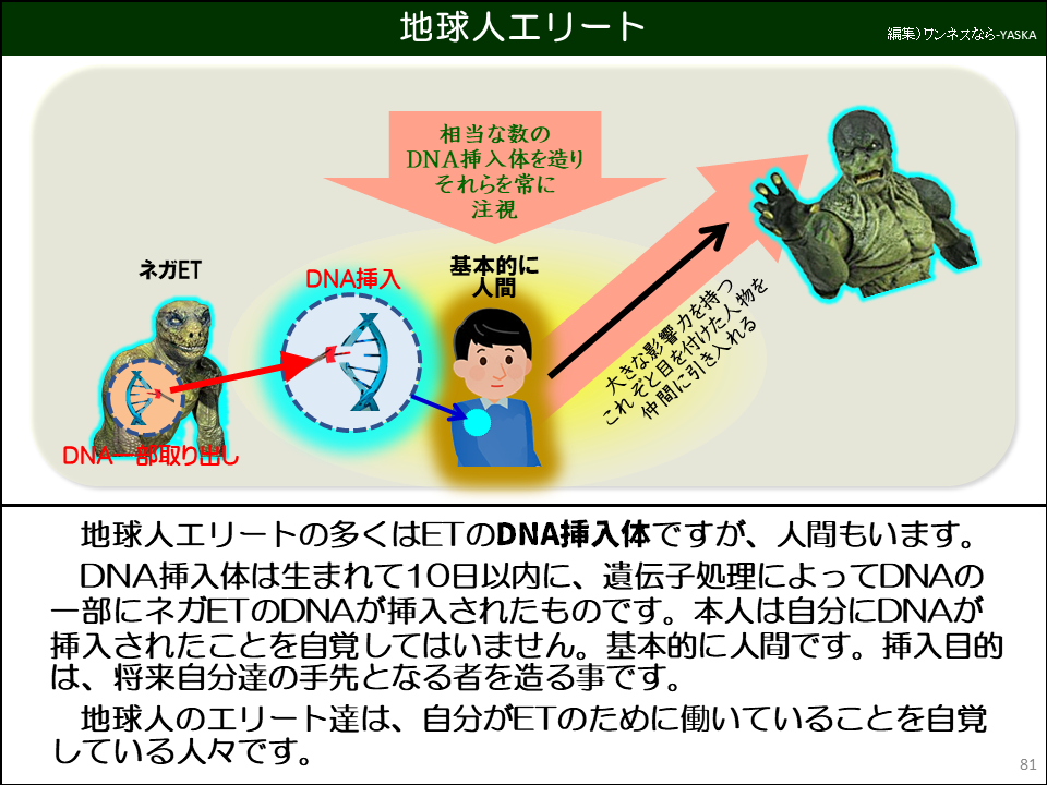 地球人エリートの多くはETのDNA挿入体ですが、人間もいます。

DNA挿入体は生まれて10日以内に、遺伝子処理によってDNAの一部にネガETのDNAが挿入されたものです。本人は自分にDNAが挿入されたことを自覚してはいません。基本的に人間です。挿入目的は、将来自分達の手先となる者を造る事です。

地球人のエリート達は、自分がETのために働いていることを自覚している人々です。