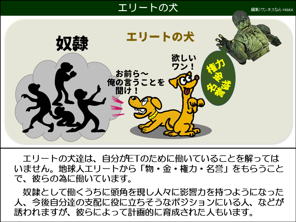 エリートの犬達は、自分がETのために働いていることを解ってはいません。地球人エリートから「物・金・権力・名誉」をもらうことで、彼らの為に働いています。

奴隷として働くうちに頭角を現し人々に影響力を持つようになった人、今後自分達の支配に役に立ちそうなポジションにいる人、などが誘われますが、彼らによって計画的に育成された人もいます。