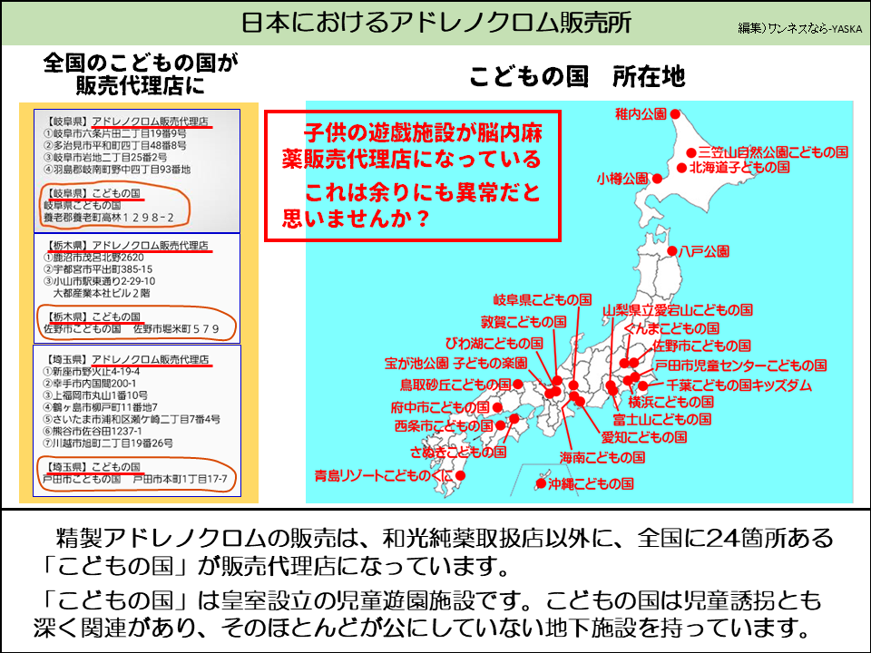 精製アドレノクロムの販売は、和光純薬取扱店以外に、全国に24箇所ある 「こどもの国」が販売代理店になっています。

「こどもの国」は皇室設立の児童遊園施設です。こどもの国は児童誘拐とも深く関連があり、そのほとんどが公にしていない地下施設を持っています。