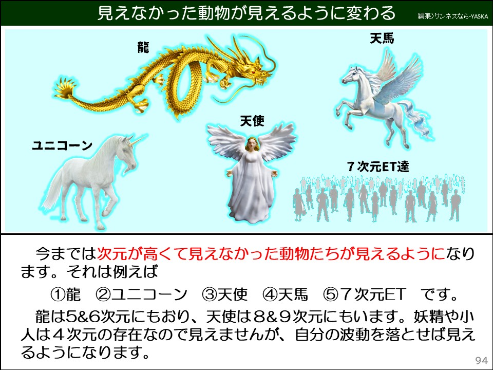 今までは次元が高くて見えなかった動物たちが見えるようになります。それは例えば
①龍 ②ユニコーン ③天使 ④天馬 ⑤7次元ET です。
龍は5&6次元にもおり、天使は8&9次元にもいます。妖精や小人は4次元の存在なので見えませんが、自分の波動を落とせば見えるようになります。