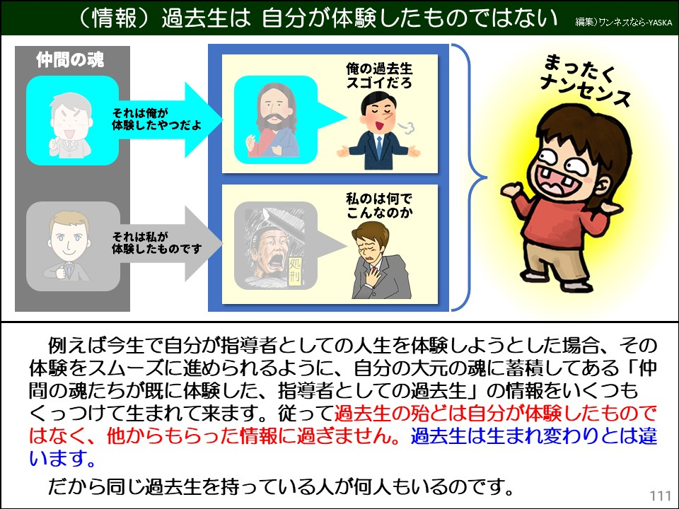例えば今生で自分が指導者としての人生を体験しようとした場合、その体験をスムーズに進められるように、自分の大元の魂に蓄積してある「仲間の魂たちが既に体験した、指導者としての過去生」の情報をいくつもくっつけて生まれて来ます。従って過去生の殆どは自分が体験したものではなく、他からもらった情報に過ぎません。過去生は生まれ変わりとは違います。
だから同じ過去生を持っている人が何人もいるのです。