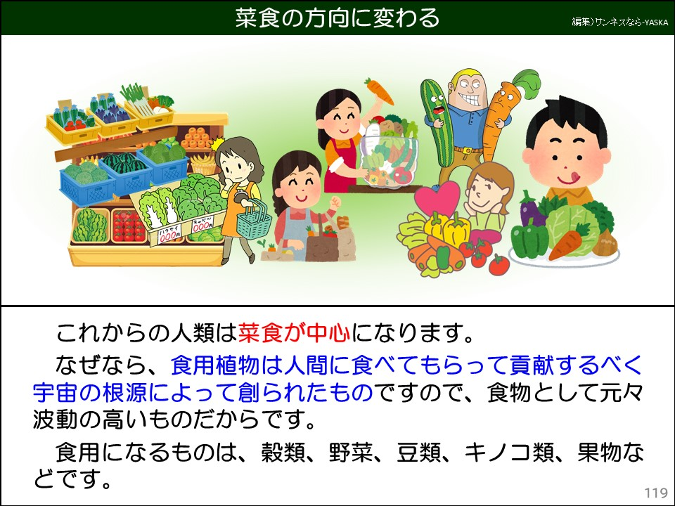 これからの人類は菜食が中心になります。
なぜなら、食用植物は人間に食べてもらって貢献するべく宇宙の根源によって創られたものですので、食物として元々波動の高いものだからです。
食用になるものは、穀類、野菜、豆類、キノコ類、果物などです。