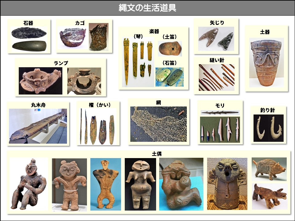 石器、カゴ、ランプ、丸木舟、櫂（かい）、楽器（琴）（土笛）（石笛）、網、土偶、矢じり、土器、縫い針、モリ、釣り針