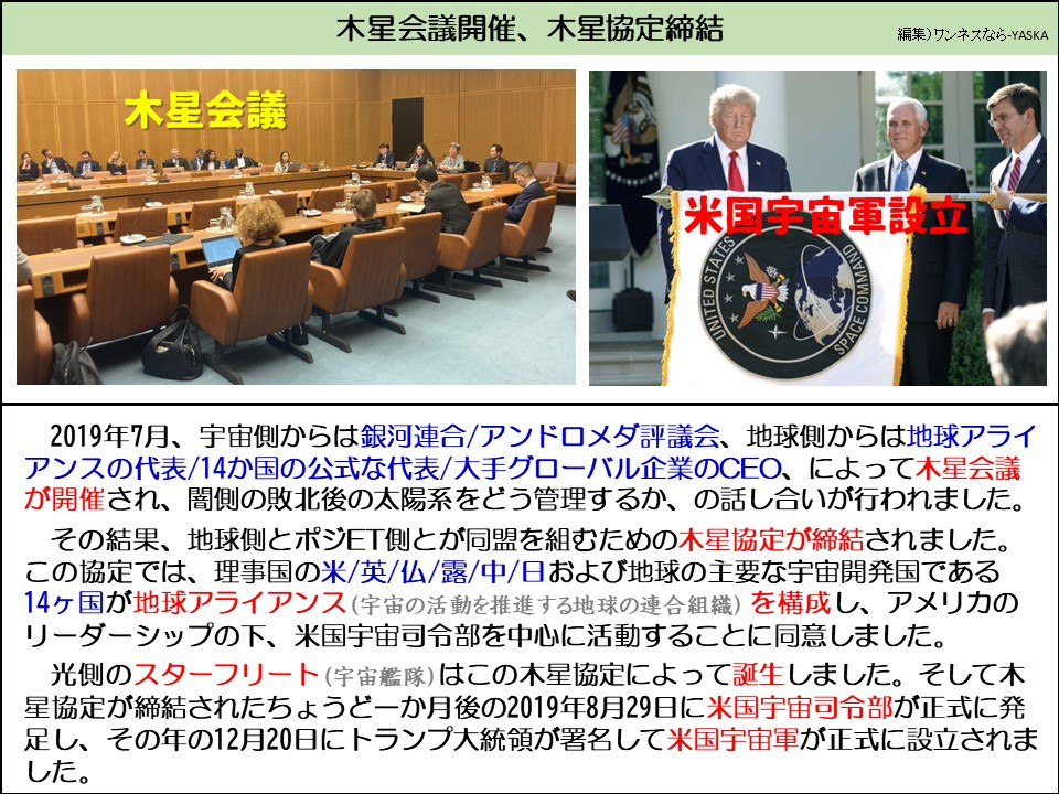 2019年7月、宇宙側からは銀河連合／アンドロメダ評議会、地球側からは地球アライアンスの代表／14か国の公式な代表／大手グローバル企業のCEO、によって木星会議が開催され、闇側の敗北後の太陽系をどう管理するか、の話し合いが行われました。

その結果、地球側とポジET側とが同盟を組むための木星協定が締結されました。 この協定では、理事国の米／英／仏／露／中／日および地球の主要な宇宙開発国である14ヶ国が地球アライアンス（宇宙の活動を推進する地球の連合組織）を構成し、アメリカのリーダーシップの下、米国宇宙司令部を中心に活動することに同意しました。

光側のスターフリート（宇宙艦隊）はこの木星協定によって誕生しました。そして木星協定が締結されたちょうど一か月後の2019年8月29日に米国宇宙司令部が正式に発足し、その年の12月20日にトランプ大統領が署名して米国宇宙軍が正式に設立されました。