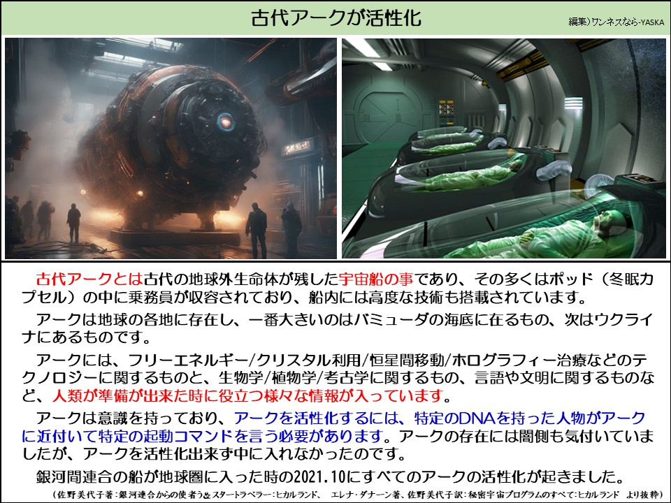古代アークとは古代の地球外生命体が残した宇宙船の事であり、その多くはポッド（冬眠力プセル）の中に乗務員が収容されており、船内には高度な技術も搭載されています。

アークは地球の各地に存在し、一番大きいのはバミューダの海底に在るもの、次はウクライナにあるものです。

アークには、フリーエネルギー／クリスタル利用／恒星間移動／ホログラフィー治療などのテクノロジーに関するものと、生物学／植物学／考古学に関するもの、言語や文明に関するものなど、人類が準備が出来た時に役立つ様々な情報が入っています。

アークは意識を持っており、アークを活性化するには、特定のDNAを持った人物がアークに近付いて特定の起動コマンドを言う必要があります。アークの存在には闇側も気付いていましたが、アークを活性化出来ず中に入れなかったのです。

銀河間連合の船が地球圏に入った時の2021.10にすべてのアークの活性化が起きました。

（佐野美代子著：銀河連合からの使者&スタートラベラー：ヒカルランド、エレナ・ダナーン著、佐野美代子訳：秘密宇宙プログラムのすべて：ヒカルランド より抜粋）