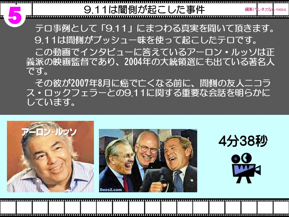 テロ事例として「9.11」にまつわる真実を聞いて頂きます。
9.11は闇側がブッシュー味を使って起こしたテロです。
この動画でインタビューに答えているアーロン・ルッソは正義派の映画監督であり、2004年の大統領選にも出ている著名人です。
その彼が2007年8月に癌で亡くなる前に、闇側の友人ニコラス・ロックフェラーとの9.11に関する重要な会話を明らかにしています。