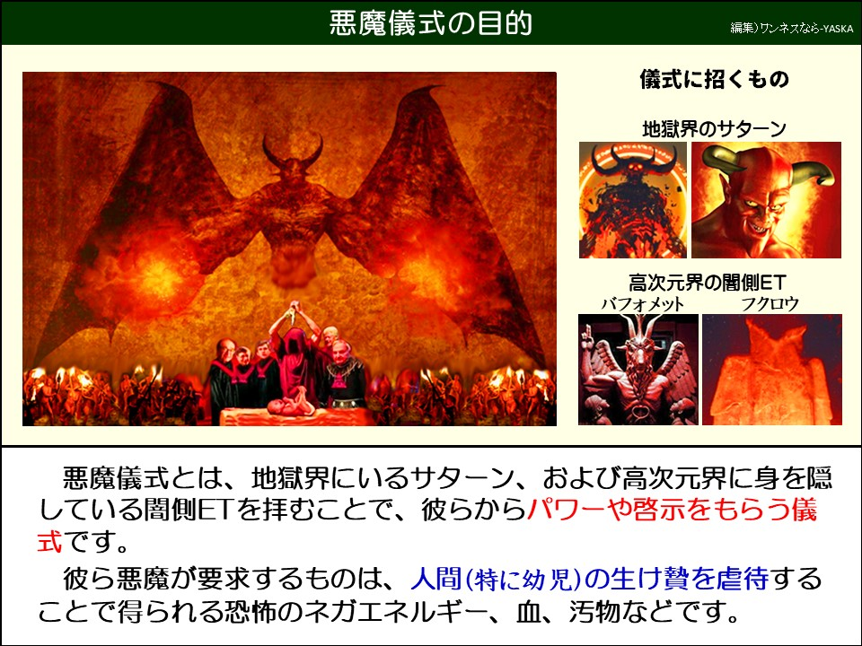 悪魔儀式とは、地獄界にいるサターン、および高次元界に身を隠している闇側ETを拝むことで、彼らからパワーや啓示をもらう儀式です。
彼ら悪魔が要求するものは、人間(特に幼児)の生け贄を虐待することで得られる恐怖のネガエネルギー、血、汚物などです。