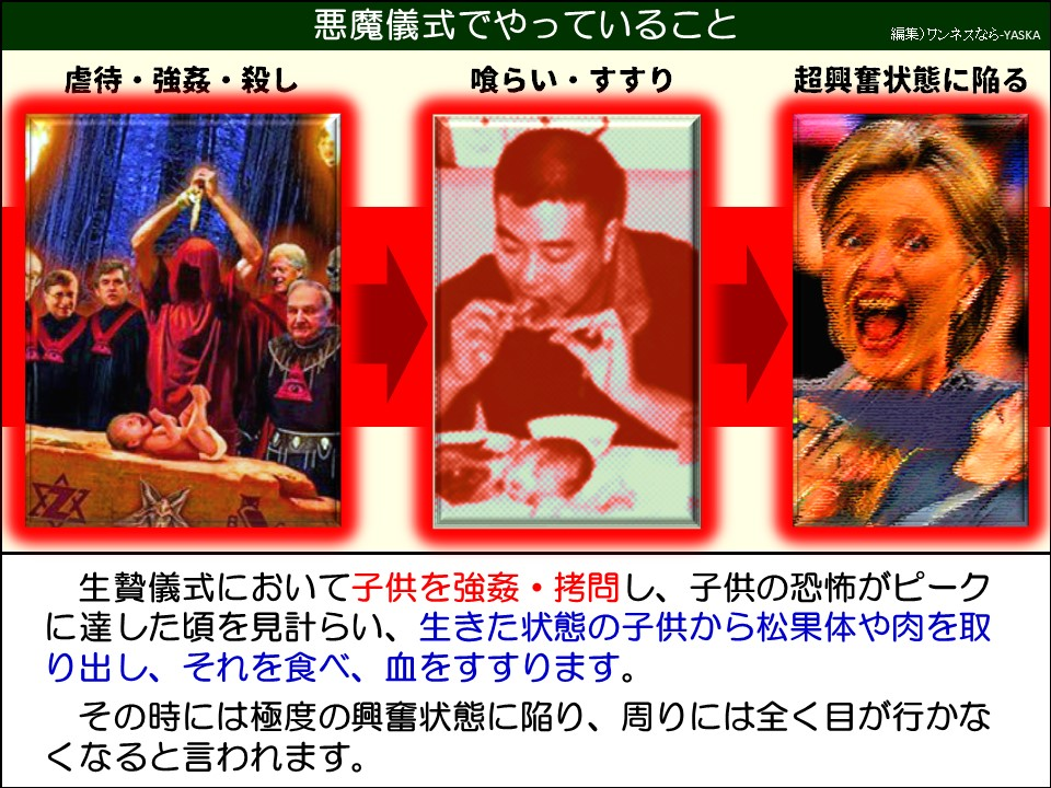 生贄儀式において子供を強姦・拷問し、子供の恐怖がピークに達した頃を見計らい、生きた状態の子供から松果体や肉を取り出し、それを食べ、血をすすります。
その時には極度の興奮状態に陥り、周りには全く目が行かなくなると言われます。