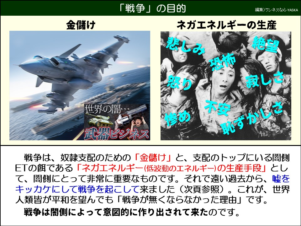 戦争は、奴隷支配のための「金儲け」と、支配のトップにいる闇側ETの餌である「ネガエネルギー(低波動のエネルギー)の生産手段」として、闇側にとって非常に重要なものです。それで遠い過去から、嘘をキッカケにして戦争を起こして来ました(次頁参照)。これが、世界人類皆が平和を望んでも「戦争が無くならなかった理由」です。
戦争は闇側によって意図的に作り出されて来たのです。