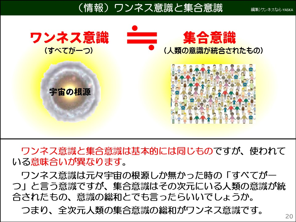 ワンネス意識と集合意識は基本的には同じものですが、使われている意味合いが異なります。

ワンネス意識は元々宇宙の根源しか無かった時の「すべてが一つ」と言う意識ですが、集合意識はその次元にいる人類の意識が統合されたもの、意識の総和とでも言ったらいいでしょうか。

つまり、全次元人類の集合意識の総和がワンネス意識です。