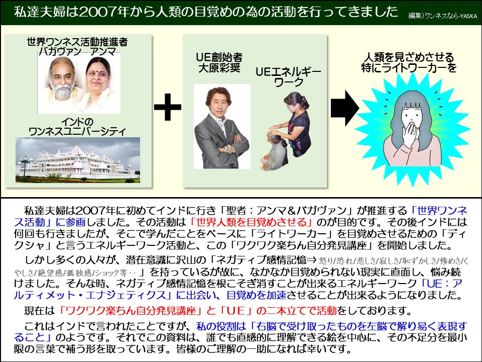 私達夫婦は2007年に初めてインドに行き「聖者: アンマ&バガヴァン」が推進する「世界ワンネス活動」に参画しました。その活動は「世界人類を目覚めさせる」のが目的です。その後インドには何回も行きましたが、そこで学んだことをベースに「ライトワーカー」を目覚めさせるためのクシャ」と言うエネルギーワーク活動と、この「ワクワク楽ちん自分発見講座」を開始しました。

しかし多くの人々が、潜在意識に沢山の「ネガティブ感情記憶⇒ 怒り／恐れ／悲しさ／寂しさ／恥ずかしさ／惨めさくやしさ／絶望感／孤独感／ショック等･･」を持っているが故に、なかなか目覚められない現実に直面し、悩み続けました。そんな時、ネガティブ感情記憶を根こそぎ消すことが出来るエネルギーワーク「UE：アルティメット・エナジェティクス」に出会い、目覚めを加速させることが出来るようになりました。

現在は「ワクワク楽ちん自分発見講座」と「UE」の二本立てで活動をしております。

これはインドで言われたことですが、私の役割は「右脳で受け取ったものを左脳で解り易く表現すること」のようです。それでこの資料は、誰でも直感的に理解できる絵を中心に、その不足分を最小限の言葉で補う形を取っています。皆様のご理解の一助になれば幸いです。