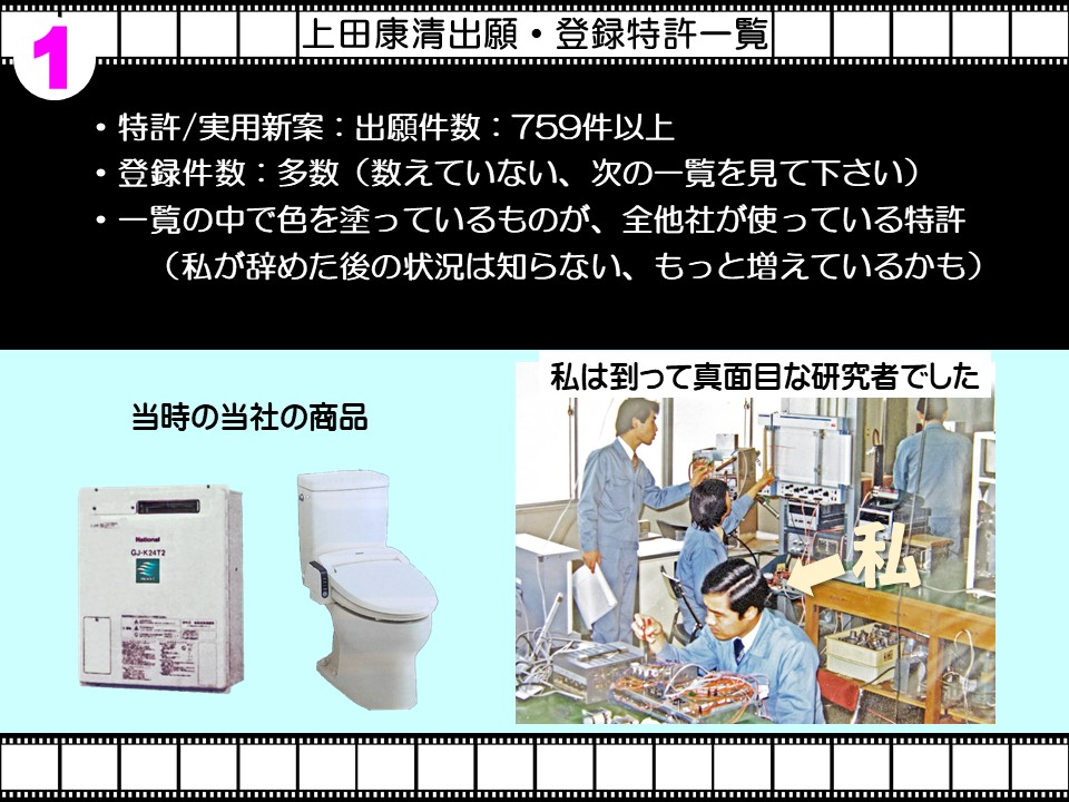 1

上田康清出願・登録特許一覧

・特許/実用新案:出願件数:759件以上

・登録件数:多数(数えていない、次の一覧を見て下さい)

・一覧の中で色を塗っているものが、全他社が使っている特許 (私が辞めた後の状況は知らない、もっと増えているかも)

当時の当社の商品

GJ-K24T2

私は到って真面目な研究者でした