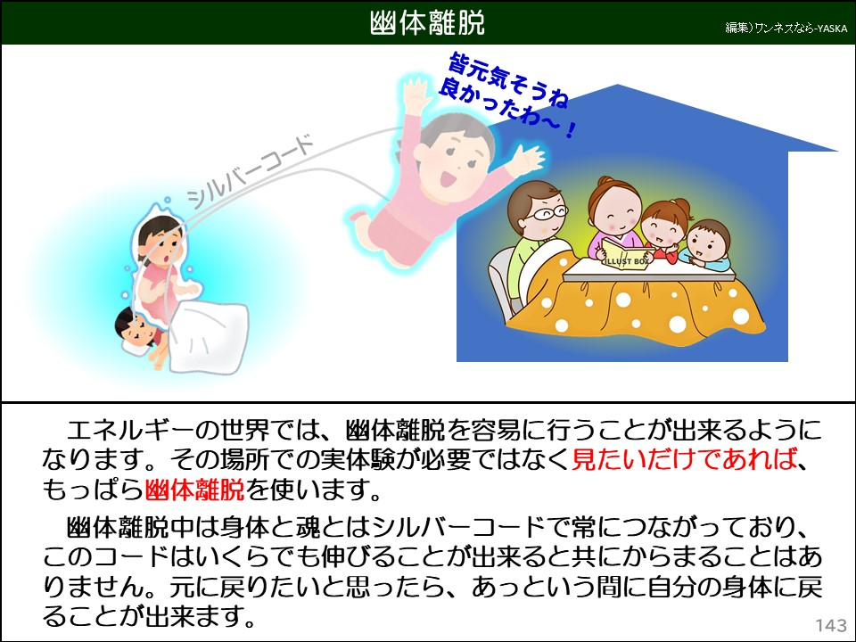 幽体離脱

皆元気そうね良かったわ~!

シルバーコード

エネルギーの世界では、幽体離脱を容易に行うことが出来るようになります。その場所での実体験が必要ではなく見たいだけであれば、 もっぱら幽体離脱を使います。

幽体離脱中は身体と魂とはシルバーコードで常につながっており、 このコードはいくらでも伸びることが出来ると共にからまることはありません。元に戻りたいと思ったら、あっという間に自分の身体に戻ることが出来ます。