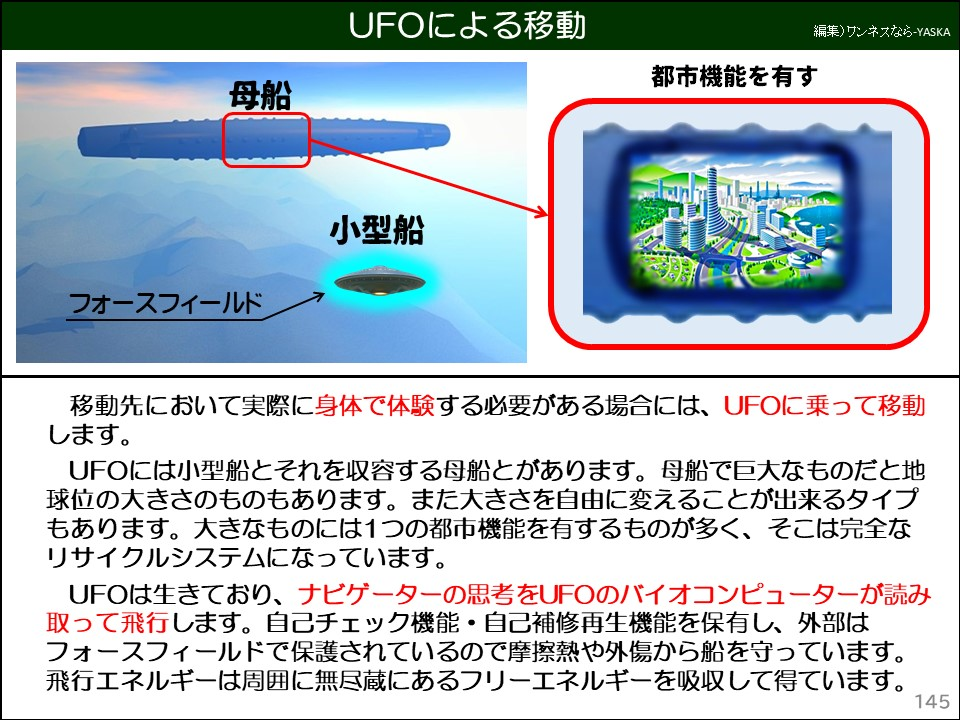 UFOによる移動

都市機能を有す

母船

小型船

フォースフィールド

移動先において実際に身体で体験する必要がある場合には、UFOに乗って移動します。

UFOには小型船とそれを収容する母船とがあります。母船で巨大なものだと地球位の大きさのものもあります。また大きさを自由に変えることが出来るタイプもあります。大きなものには1つの都市機能を有するものが多く、そこは完全なリサイクルシステムになっています。

UFOは生きており、ナビゲーターの思考をUFOのバイオコンピューターが読み取って飛行します。自己チェック機能・自己補修再生機能を保有し、外部はフォースフィールドで保護されているので摩擦熱や外傷から船を守っています。 飛行エネルギーは周囲に無尽蔵にあるフリーエネルギーを吸収して得ています。