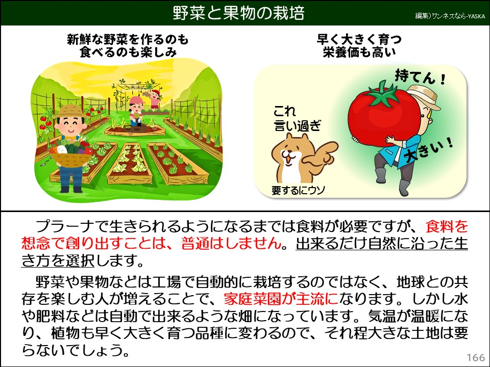 野菜と果物の栽培

新鮮な野菜を作るのも食べるのも楽しみ

早く大きく育つ栄養価も高い

持てん!

これ言い過ぎ

要するにウソ

大きい!

プラーナで生きられるようになるまでは食料が必要ですが、食料を想念で創り出すことは、普通はしません。出来るだけ自然に沿った生き方を選択します。

野菜や果物などは工場で自動的に栽培するのではなく、地球との共存を楽しむ人が増えることで、家庭菜園が主流になります。しかし水や肥料などは自動で出来るような畑になっています。気温が温暖になり、植物も早く大きく育つ品種に変わるので、それ程大きな土地は要らないでしょう。