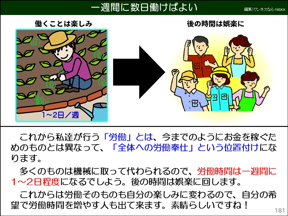 一週間に数日働けばよい

働くことは楽しみ

後の時間は娯楽に

1~2日/週

これから私達が行う「労働」とは、今までのようにお金を稼ぐためのものとは異なって、「全体への労働奉仕」という位置付けになります。

多くのものは機械に取って代わられるので、労働時間は一週間に 1~2日程度になるでしよう。後の時間は娯楽に回します。

これからは労働そのものも自分の楽しみに変わるので、自分の希望で労働時間を増やす人も出て来ます。素晴らしいですね!