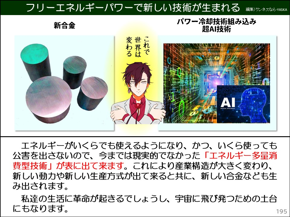 フリーエネルギーパワーで新しい技術が生まれる

新合金

パワー冷却技術組み込み超AI技術

変わる

世界は

変世ここれで

AI

エネルギーがいくらでも使えるようになり、かつ、いくら使っても公害を出さないので、今までは現実的でなかった「エネルギー多量消費型技術」が表に出て来ます。これにより産業構造が大きく変わり、 新しい動力や新しい生産方式が出て来ると共に、新しい合金なども生み出されます。

私達の生活に革命が起きるでしょうし、宇宙に飛び発つための土台にもなります。