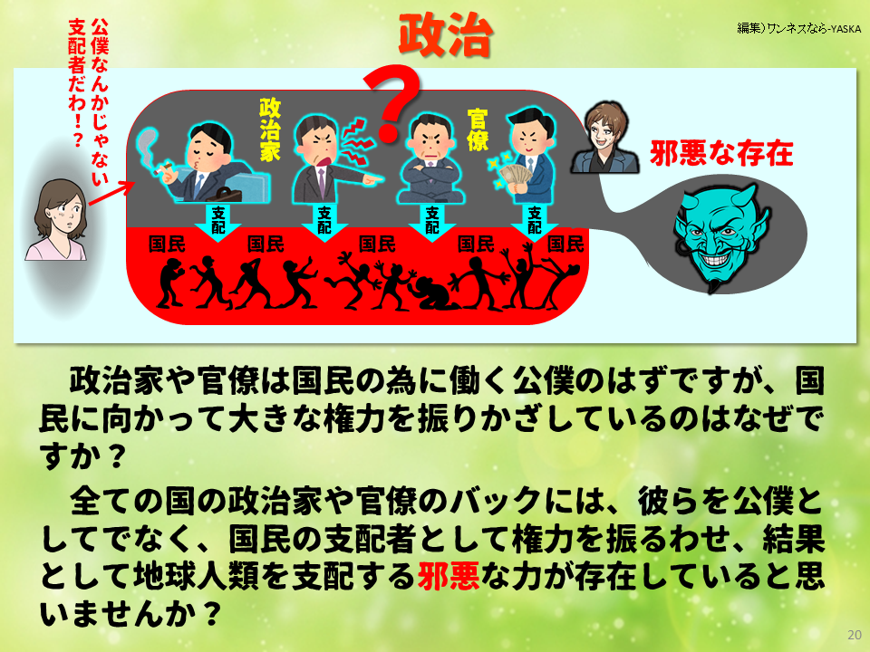 支配者だわ!? 公僕なんかじゃない

政治

政治家

国民

支配

国民

支配

国民

支配

国民

支配

官僚

邪悪な存在

国民

政治家や官僚は国民の為に働く公僕のはずですが、国民に向かって大きな権力を振りかざしているのはなぜですか?

全ての国の政治家や官僚のバックには、彼らを公僕としてでなく、国民の支配者として権力を振るわせ、結果として地球人類を支配する邪悪な力が存在していると思いませんか?