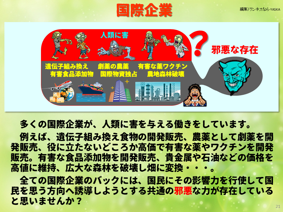 国際企業

人類に害

?

邪悪な存在

遺伝子組み換え有害食品添加物

劇薬の農薬国際物資独占

有害な薬ワクチン農地森林破壊

多くの国際企業が、人類に害を与える働きをしています。

例えば、遺伝子組み換え食物の開発販売、農薬として劇薬を開発販売、役に立たないどころか高価で有害な薬やワクチンを開発販売。有害な食品添加物を開発販売、貴金属や石油などの価格を高値に維持、広大な森林を破壊し畑に変換・・・。

全ての国際企業のバックには、国民にその影響力を行使して国民を思う方向へ誘導しようとする共通の邪悪な力が存在していると思いませんか?