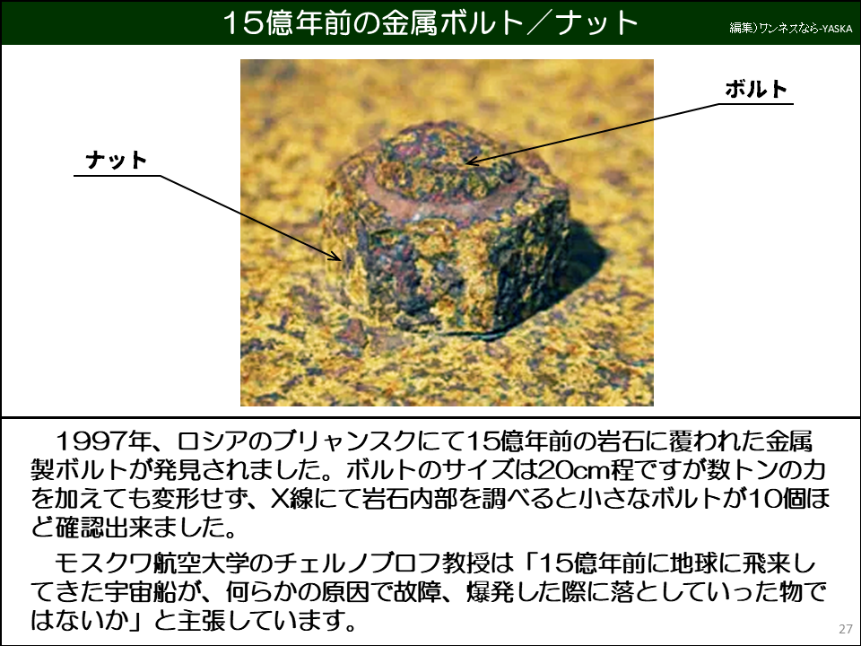 15億年前の金属ボルト/ナット

ナット

ボルト

1997年、ロシアのブリャンスクにて15億年前の岩石に覆われた金属製ボルトが発見されました。ボルトのサイズは20cm程ですが数トンの力を加えても変形せず、X線にて岩石内部を調べると小さなボルトが10個ほど確認出来ました。

モスクワ航空大学のチェルノブロフ教授は「15億年前に地球に飛来してきた宇宙船が、何らかの原因で故障、爆発した際に落としていった物ではないか」と主張しています。