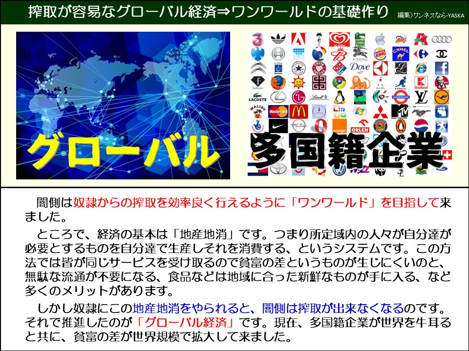 搾取が容易なグローバル経済⇒ワンワールドの基礎作り

グローバル

A

♡

B

アリエル

キャメル

輸入

できる

ラコステ

マリブ

M

リス

国籍企業

闇側は奴隷からの搾取を効率良く行えるように「ワンワールド」を目指して来ました。

ところで、経済の基本は「地産地消」です。つまり所定域内の人々が自分達が必要とするものを自分達で生産しそれを消費する、というシステムです。この方法では皆が同じサービスを受け取るので貧富の差というものが生じにくいのと、 無駄な流通が不要になる、食品などは地域に合った新鮮なものが手に入る、など多くのメリットがあります。

しかし奴隷にこの地産地消をやられると、闇側は搾取が出来なくなるのです。 それで推進したのが「グローバル経済」です。現在、多国籍企業が世界を牛耳ると共に、貧富の差が世界規模で拡大して来ました。