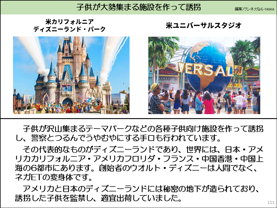 子供が大勢集まる施設を作って誘拐

米カリフォルニアディズニーランド・パーク

米ユニバーサルスタジオ

エルサル

子供が沢山集まるテーマパークなどの各種子供向け施設を作って誘拐し、警察とつるんでうやむやにする手口も行われています。

その代表的なものがディズニーランドであり、世界には、日本・アメリカカリフォルニア・アメリカフロリダ・フランス・中国香港・中国上海の6都市にあります。創始者のウオルト・ディズニーは人間でなく、 ネガETの変身体です。

アメリカと日本のディズニーランドには秘密の地下が造られており、 誘拐した子供を監禁し、適宜出荷していました。