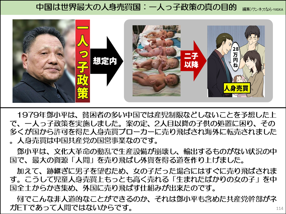 中国は世界最大の人身売買国:一人っ子政策の真の目的

一人っ子政策

想定内

二子以降

28万円ね

人身売買

1979年鄧小平は、貧困者の多い中国では産児制限などしないことを予想した上で、一人っ子政策を実施しました。案の定、2人目以降の子供の処置に困り、その多くが国から許可を得た人身売買プローカーに売り飛ばされ海外に転売されました 。人身売買は中国共産党の国営事業なのです。

鄧小平は、文化大革命の動乱で生産設備が崩壊し、輸出するものがない状況の中国で、最大の資源 「人間」を売り飛ばし外貨を得る道を作り上げました。

加えて、跡継ぎに男子を望むため、女の子だった場合にはすぐに売り飛ばされます。こうして児童人身売買上もっとも高く売れる「生まれたばかりの女の子」を中国全土からかき集め、外国に売り飛ばす仕組みが出来たのです。

何でこんな非人道的なことができるのか、それは鄧小平も含めた共産党幹部がネガETであって人間ではないからです。