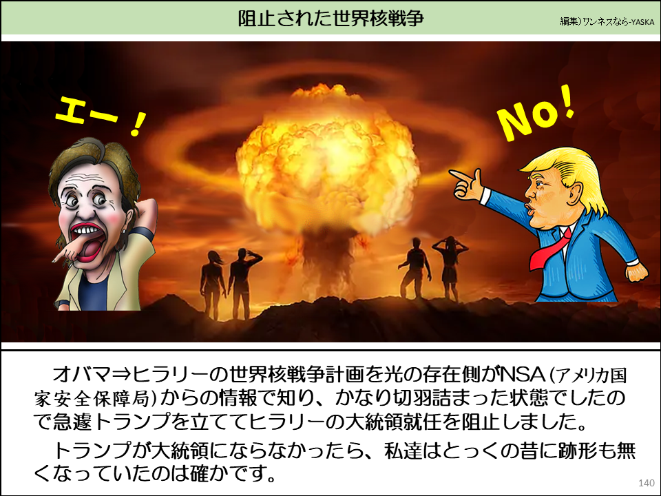阻止された世界核戦争

エー!

いいえ！

オバマ⇒ヒラリーの世界核戦争計画を光の存在側がNSA(アメリカ国家安全保障局)からの情報で知り、かなり切羽詰まった状態でしたので急遽トランプを立ててヒラリーの大統領就任を阻止しました。

トランプが大統領にならなかったら、私達はとっくの昔に跡形も無くなっていたのは確かです。