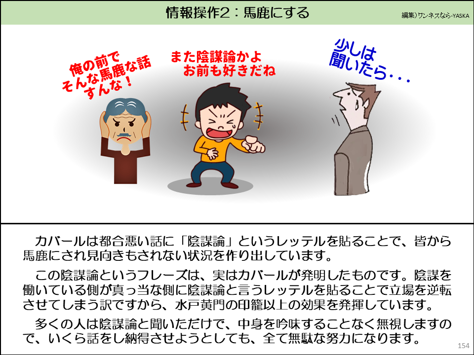 情報操作2:馬鹿にする

俺の前でそんな馬鹿な話すんな!

また陰謀論かよお前も好きだね

少しは聞いたら･･･

カバールは都合悪い話に「陰謀論」というレッテルを貼ることで、皆から馬鹿にされ見向きもされない状況を作り出しています。

この陰謀論というフレーズは、実はカバールが発明したものです。陰謀を働いている側が真っ当な側に陰謀論と言うレッテルを貼ることで立場を逆転させてしまう訳ですから、水戸黄門の印籠以上の効果を発揮しています。

多くの人は陰謀論と聞いただけで、中身を吟味することなく無視しますので、いくら話をし納得させようとしても、全て無駄な努力になります。