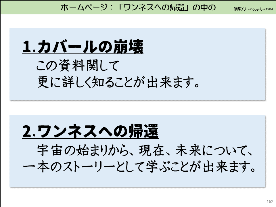 ホームページ:「ワンネスへの帰還」の中の

1.カバールの崩壊

この資料関して更に詳しく知ることが出来ます。

2. ワンネスへの帰還

宇宙の始まりから、現在、未来について、 一本のストーリーとして学ぶことが出来ます。
