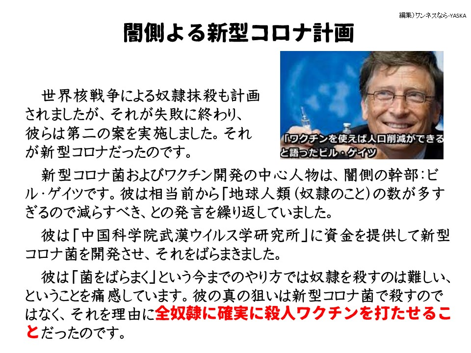 闇側よる新型コロナ計画

世界核戦争による奴隷抹殺も計画されましたが、それが失敗に終わり、 彼らは第二の案を実施しました。それが新型コロナだったのです。

「ワクチンを使えば人口削減ができると語ったビル・ゲイツ

新型コロナ菌およびワクチン開発の中心人物は、闇側の幹部:ビル・ゲイツです。彼は相当前から「地球人類(奴隷のこと)の数が多すぎるので減らすべき、との発言を繰り返していました。

彼は「中国科学院武漢ウイルス学研究所」に資金を提供して新型コロナ菌を開発させ、それをばらまきました。

彼は「菌をばらまく」という今までのやり方では奴隷を殺すのは難しい、 ということを痛感しています。彼の真の狙いは新型コロナ菌で殺すのではなく、それを理由に全奴隷に確実に殺人ワクチンを打たせることだったのです。