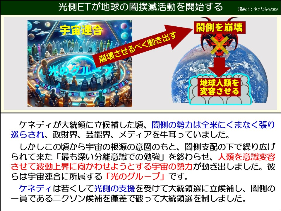 光側ETが地球の闇撲滅活動を開始する

宇宙連合

崩壊させるべく動き出す

「闇側を崩壊

地球人類を変容させる

ケネディが大統領に立候補した頃、闇側の勢力は全米にくまなく張り巡らされ、政財界、芸能界、メディアを牛耳っていました。

しかしこの頃から宇宙の根源の意図のもと、闇側支配の下で繰り広げられて来た「最も深い分離意識での勉強」を終わらせ、人類を意識変容させて波動上昇に向かわせようとする宇宙の勢力が動き出しました。彼らは宇宙連合に所属する「光のグループ」です。

ケネディは若くして光側の支援を受けて大統領選に立候補し、闇側の一員であるニクソン候補を僅差で破って大統領選を制しました。